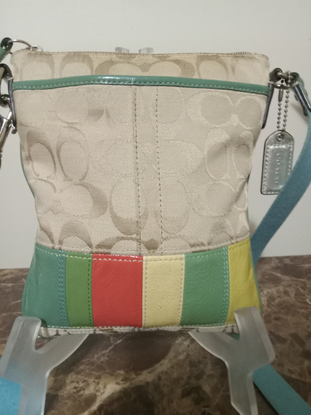 Coach Signature Stripe Patchwork Swingpack Crossbody Bag Beige & Green